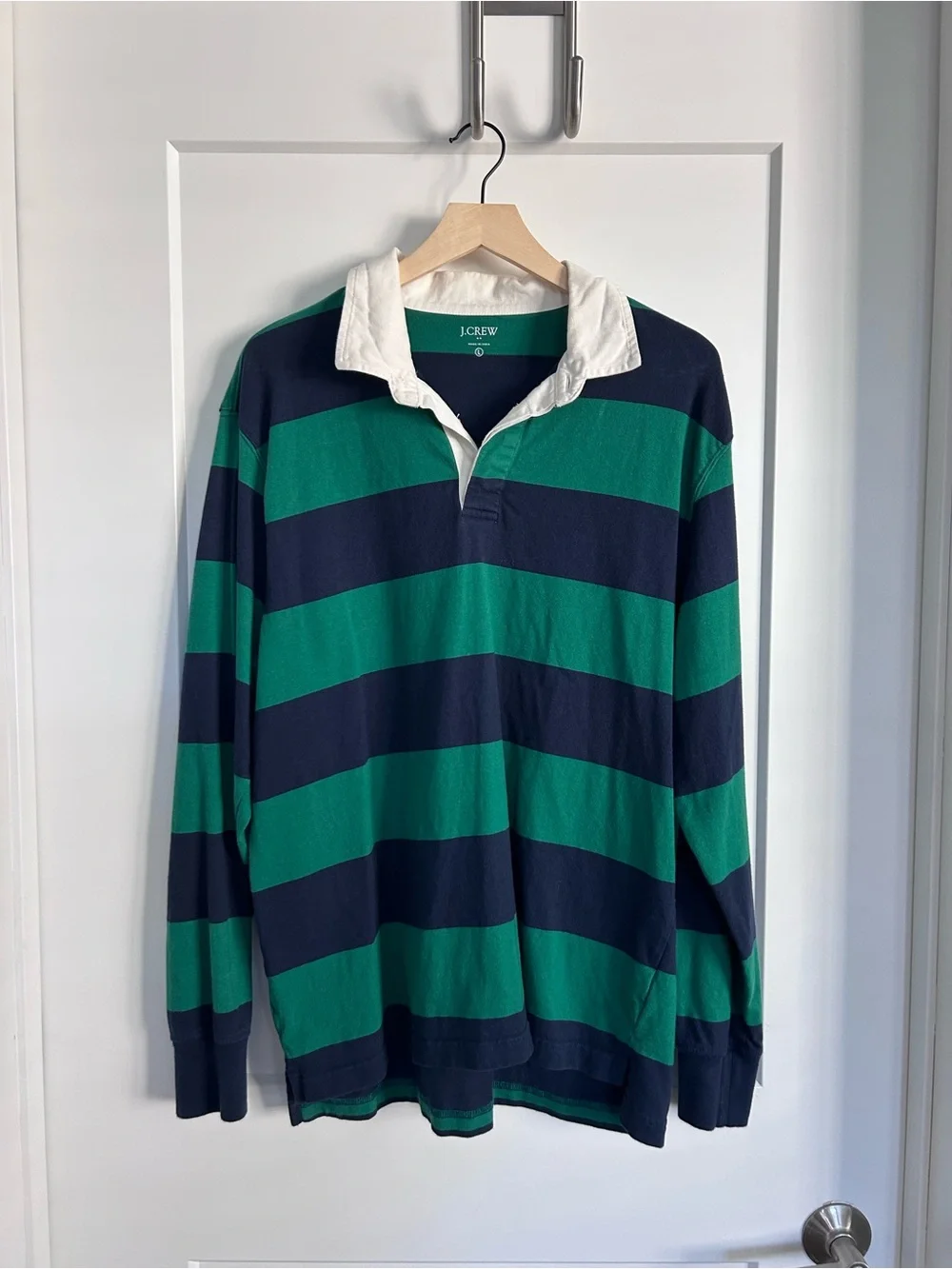 J.Crew Men’s Green & Navy Striped Rugby Shirt-Large